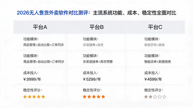 2026无人售货外卖软件对比测评：主流系统功能、成本、稳定性全面对比